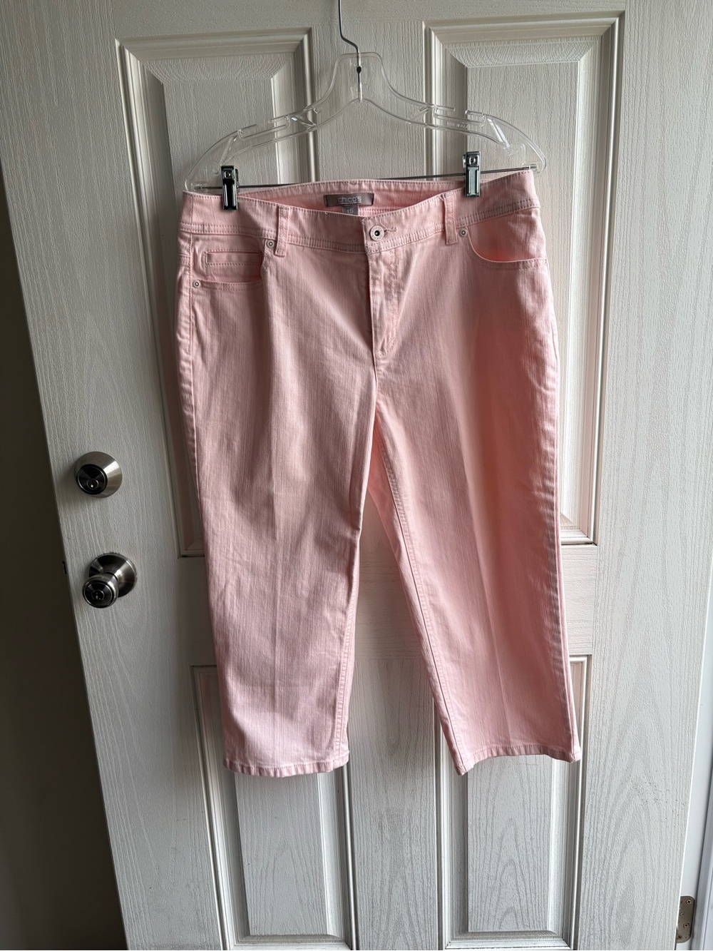 Chico’s Size 1.5 (US 10) Blush Pink Stretch Cropped Capri Jeans Mid Rise Cotton